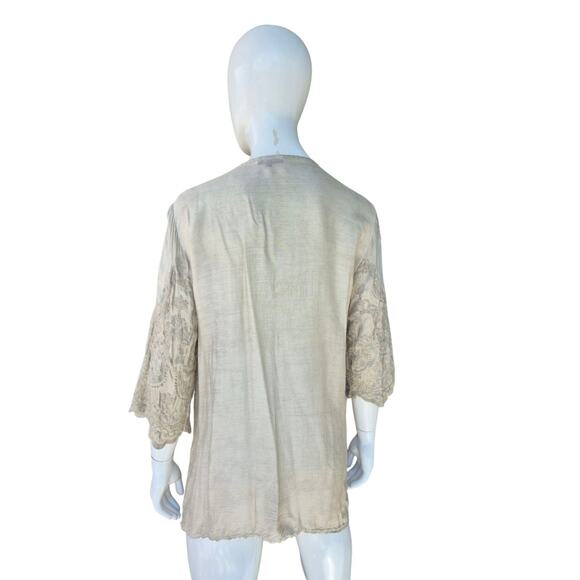 H Trend ITALY 100% Silk Taupe Embroidered Bell Sleeves BOHO CHIC Top - Picture 4 of 8